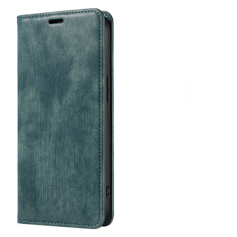 Magnetic flip phone case in grey showing front flap with card slots closed over an iPhone