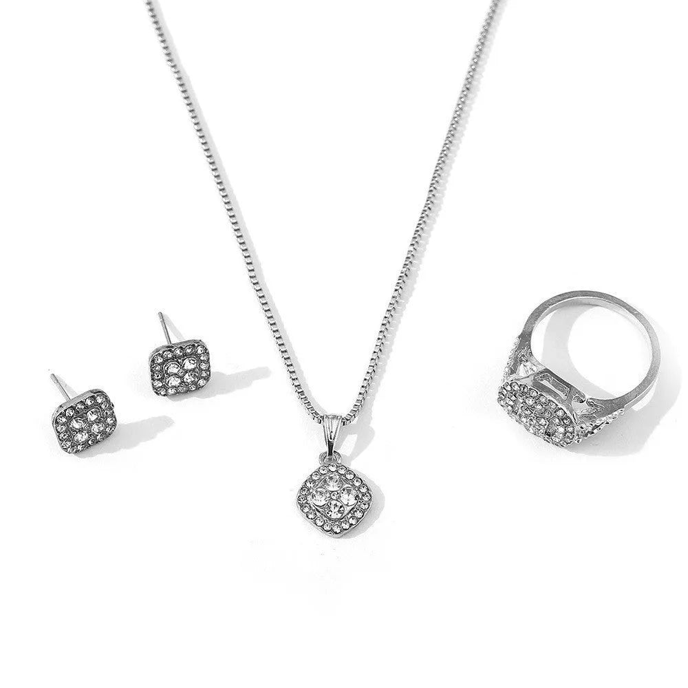 Alloy rhinestone three-piece wedding set with ring, stud earrings and 67cm necklace in gold