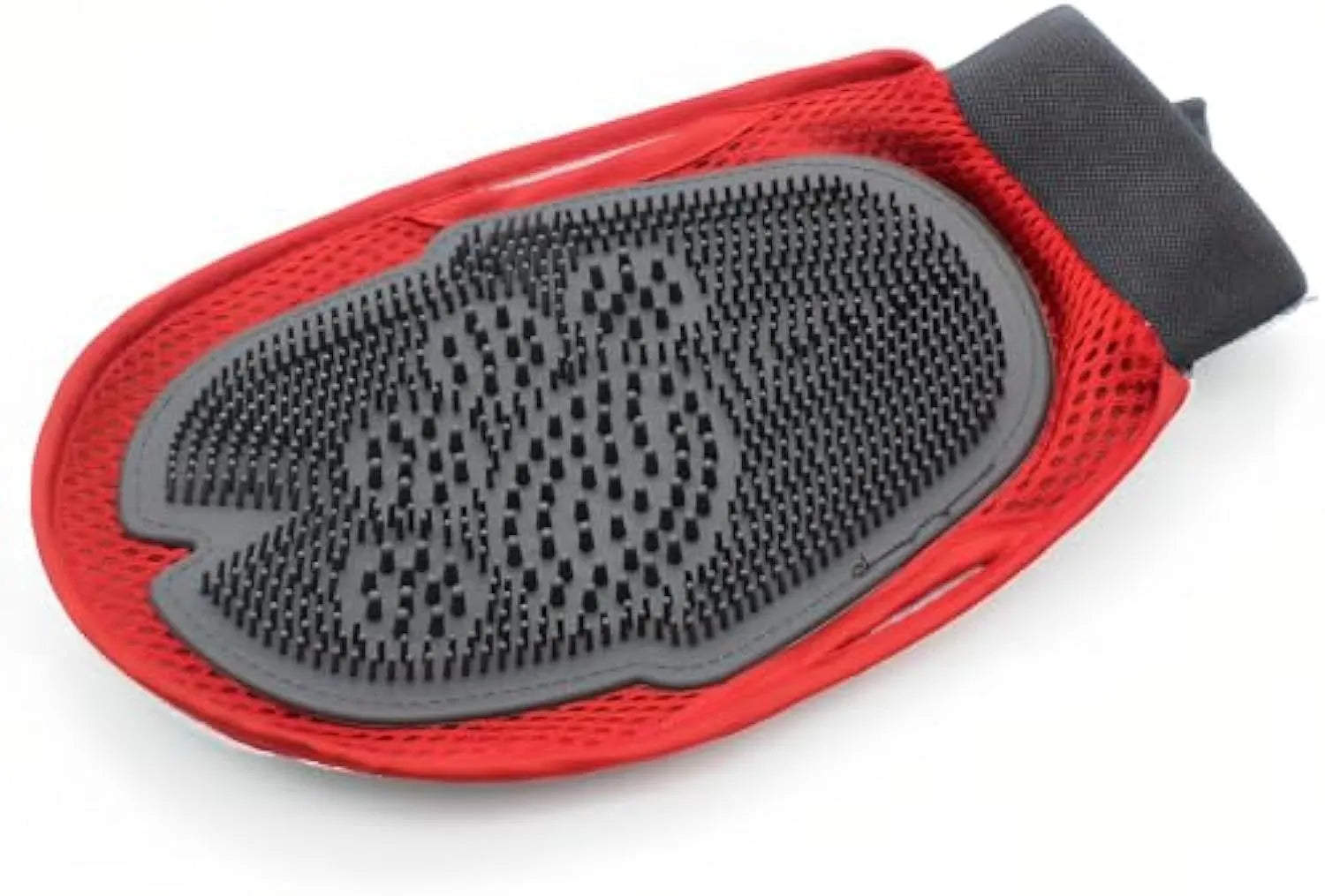 Red pet bathing grooming glove with integrated brush measuring 26cm by 16cm