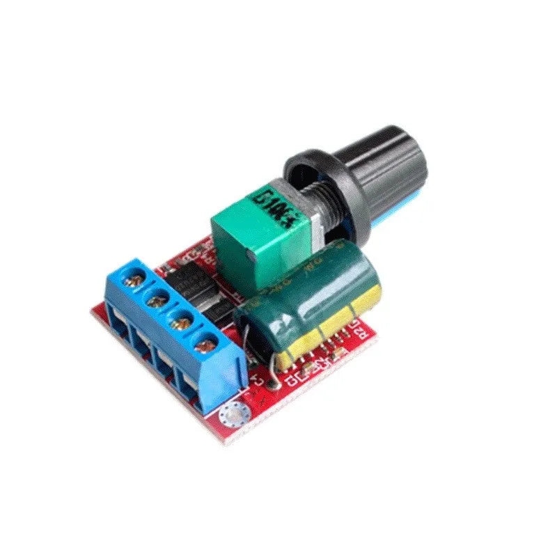 PWM DC motor speed governor with knob and switch, showing compact size.
