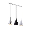 Minimalist iron pendant chandelier with three black lamp heads on a long disc fitting.
