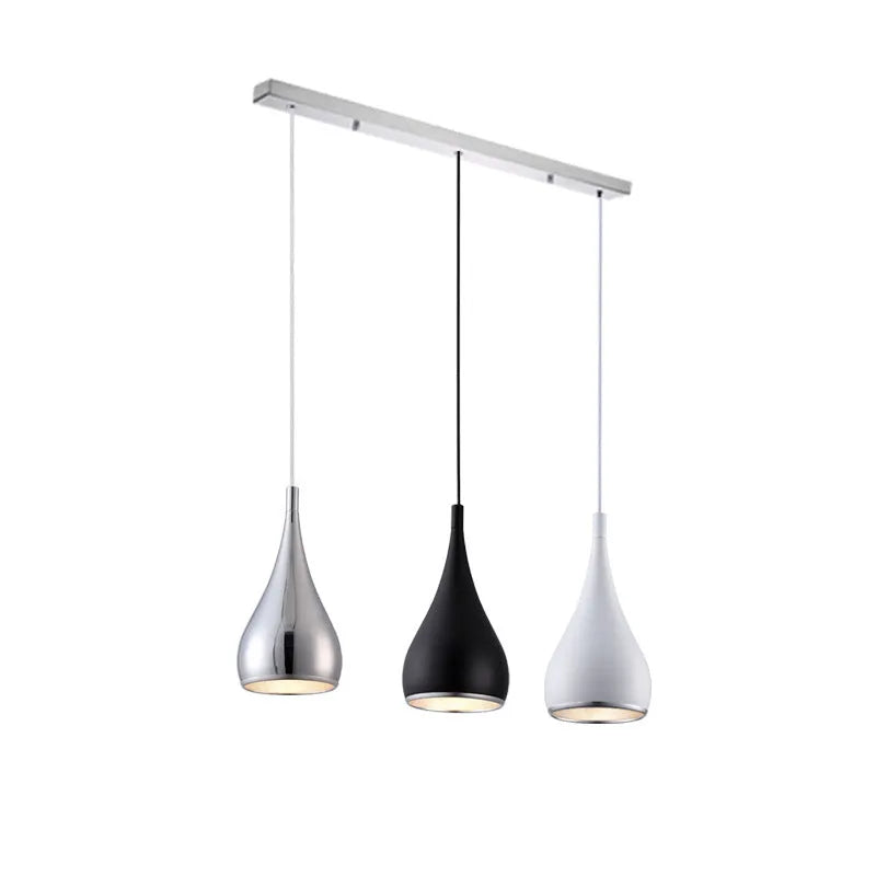 Minimalist iron pendant chandelier with three black lamp heads on a long disc fitting.