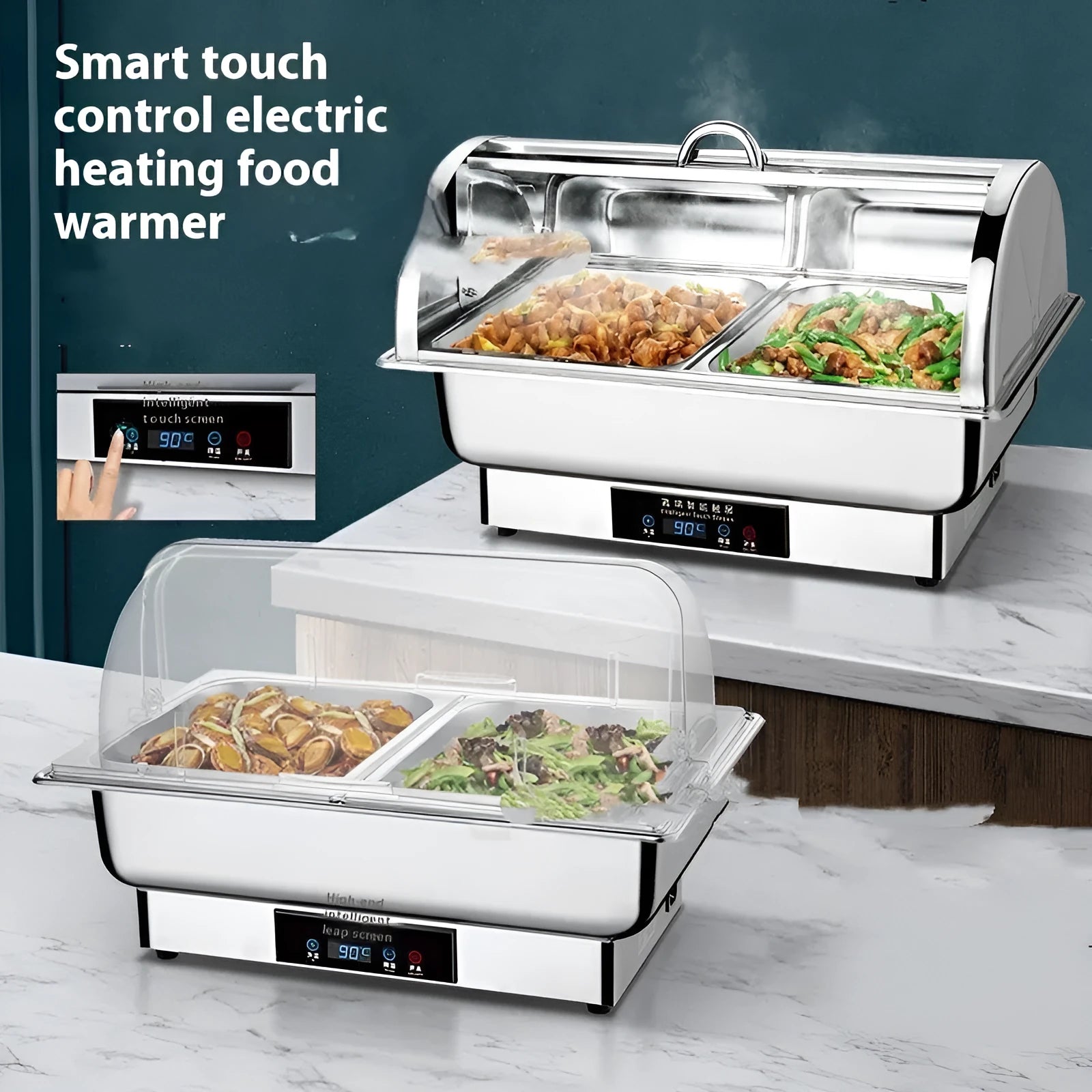 Stainless steel electric buffet stove with transparent flip lid showing LCD temperature control