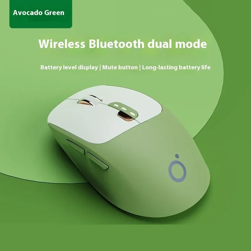 Mute wireless Bluetooth and 2.4GHz computer mouse in Matcha Green colour on a wooden desk