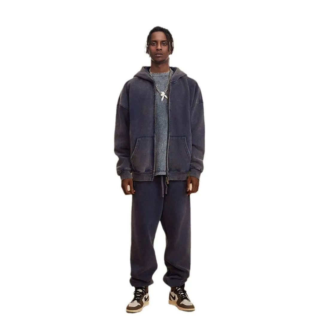 Men's washed black cotton hooded cardigan with a double zipper and fleece lining.