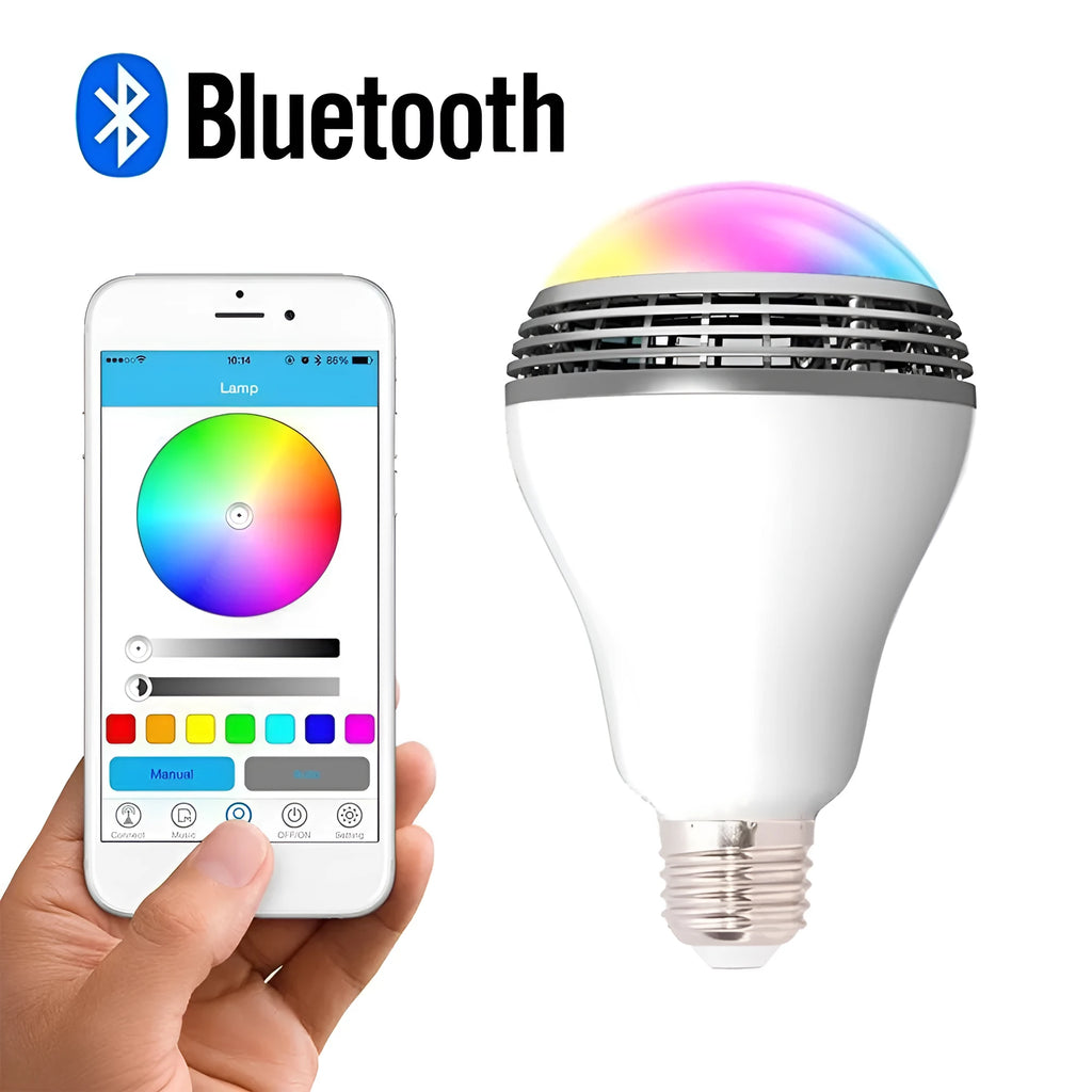 E27 LED smart bulb with integrated Bluetooth speaker showing dimensions and RGB lighting capability