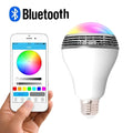 E27 LED smart bulb with integrated Bluetooth speaker showing dimensions and RGB lighting capability