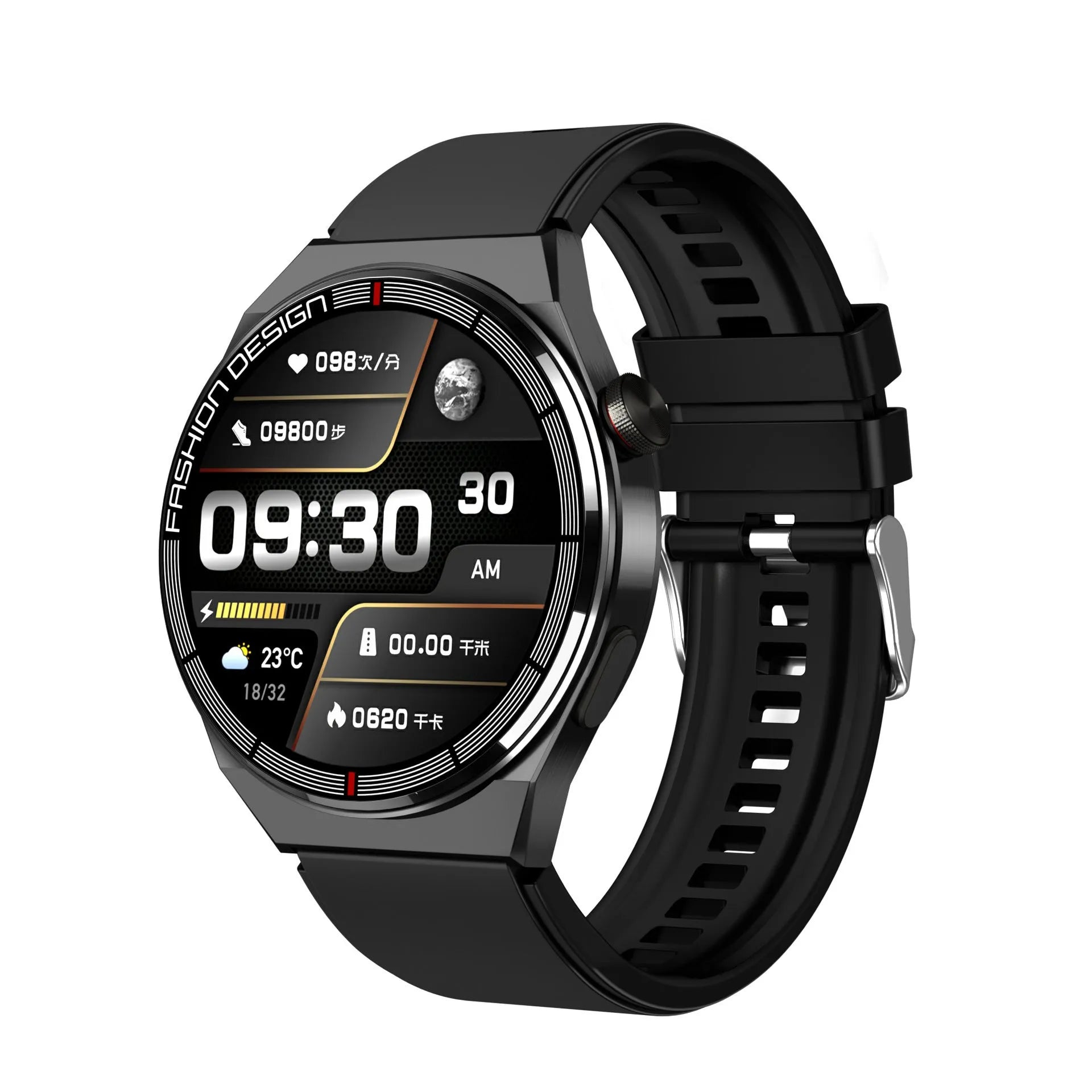 Black Bluetooth smartwatch with NFC on a wrist, showing heart rate data on its 1.28-inch screen.