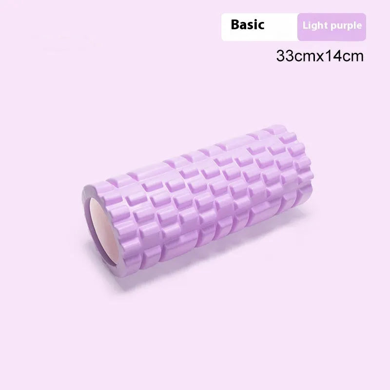 A firm EVA foam roller for fitness and yoga, shown in a selection of colours including black, pink, and sky blue.