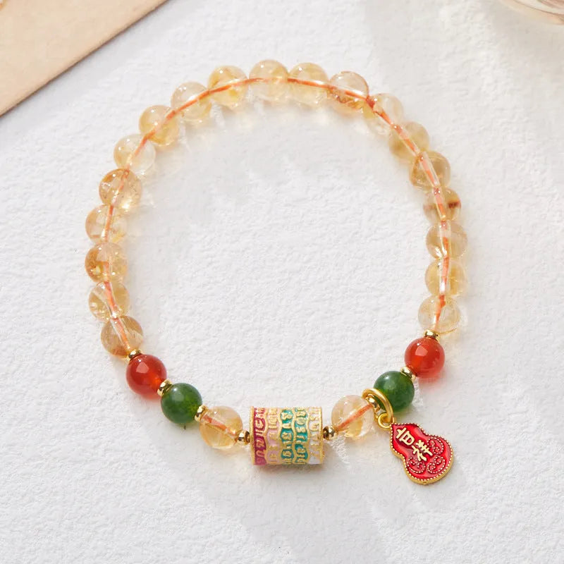 Hand-woven citrine crystal bracelet with five-sutra geometric design and 6mm beads
