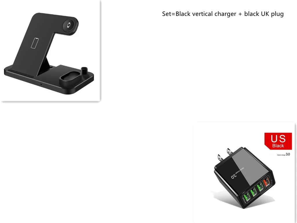 Black 4-in-1 wireless charging dock with phone on adjustable stand, Apple Watch and AirPods on charging modules