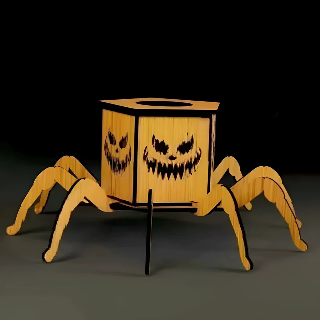 Wooden ghost Halloween spider lantern candlestick decoration measuring 21cm tall