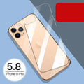 iPhone 11 Pro Max front and back tempered glass screen protectors showing 10D explosion-proof rear film.
