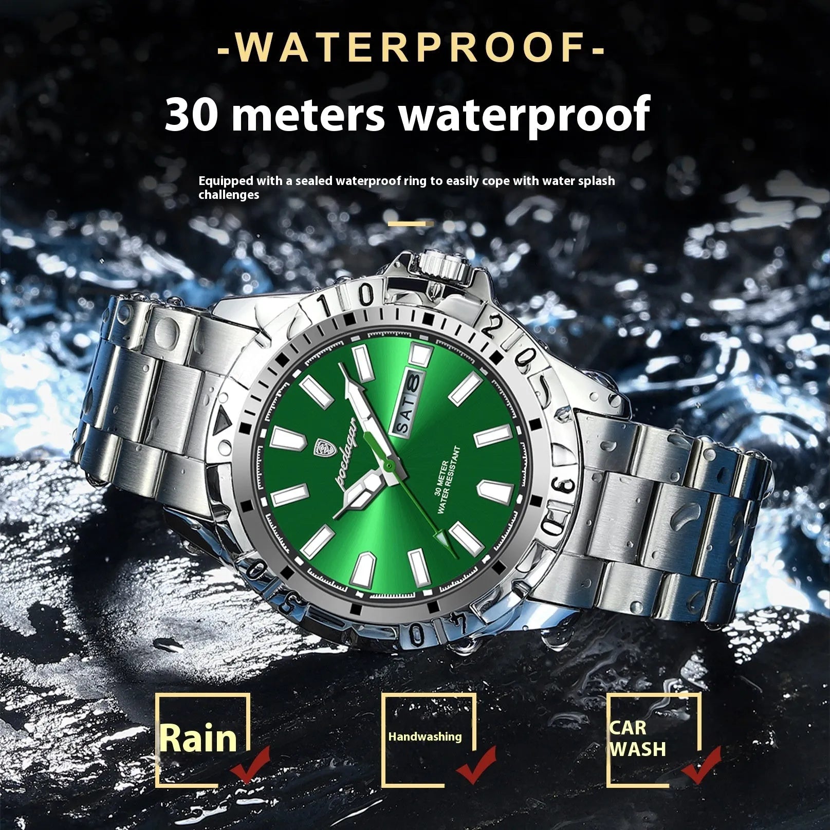 Swiss men's luminous waterproof watch with 6mm thickness in silver case green dial configuration