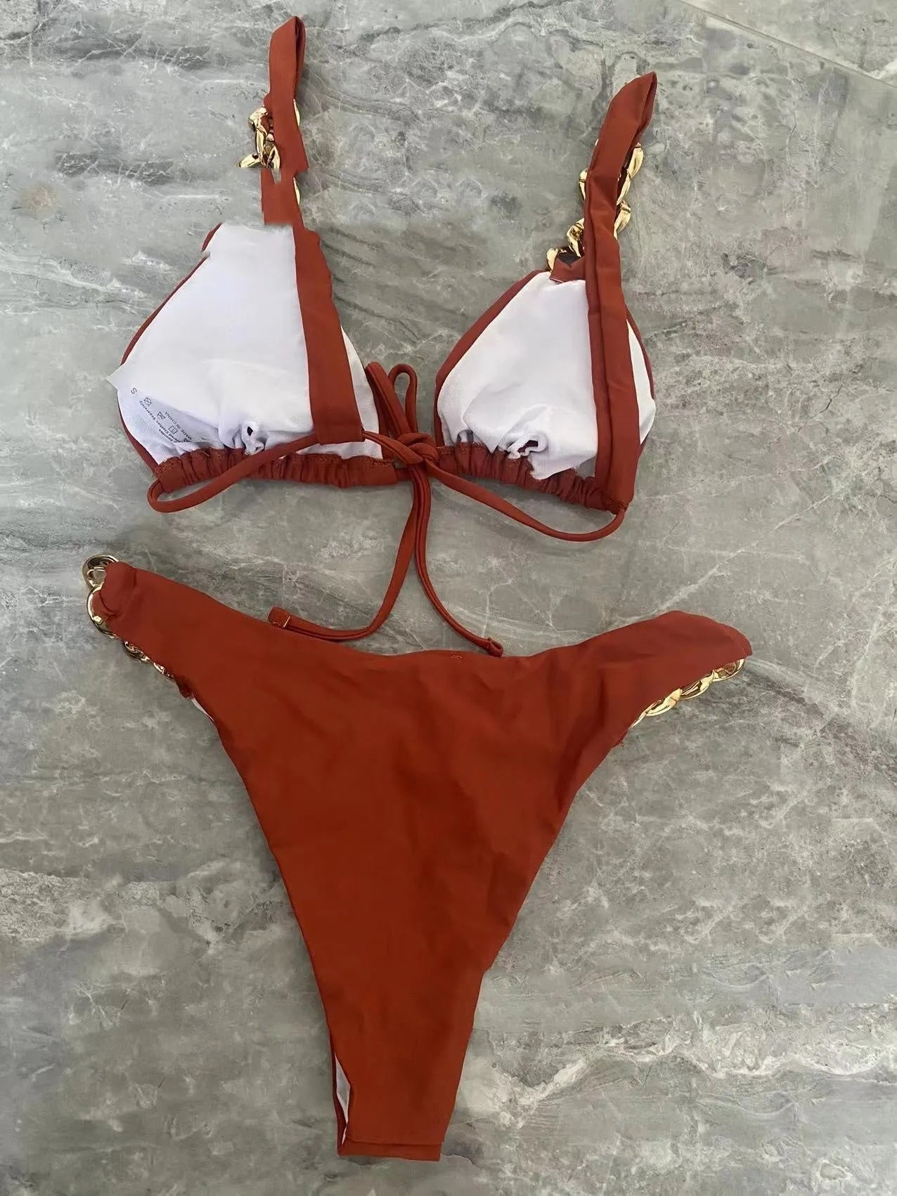 Brown tube-top ring tether push up bikini swimsuit, sleeveless, S to L, nylon, polyester lining