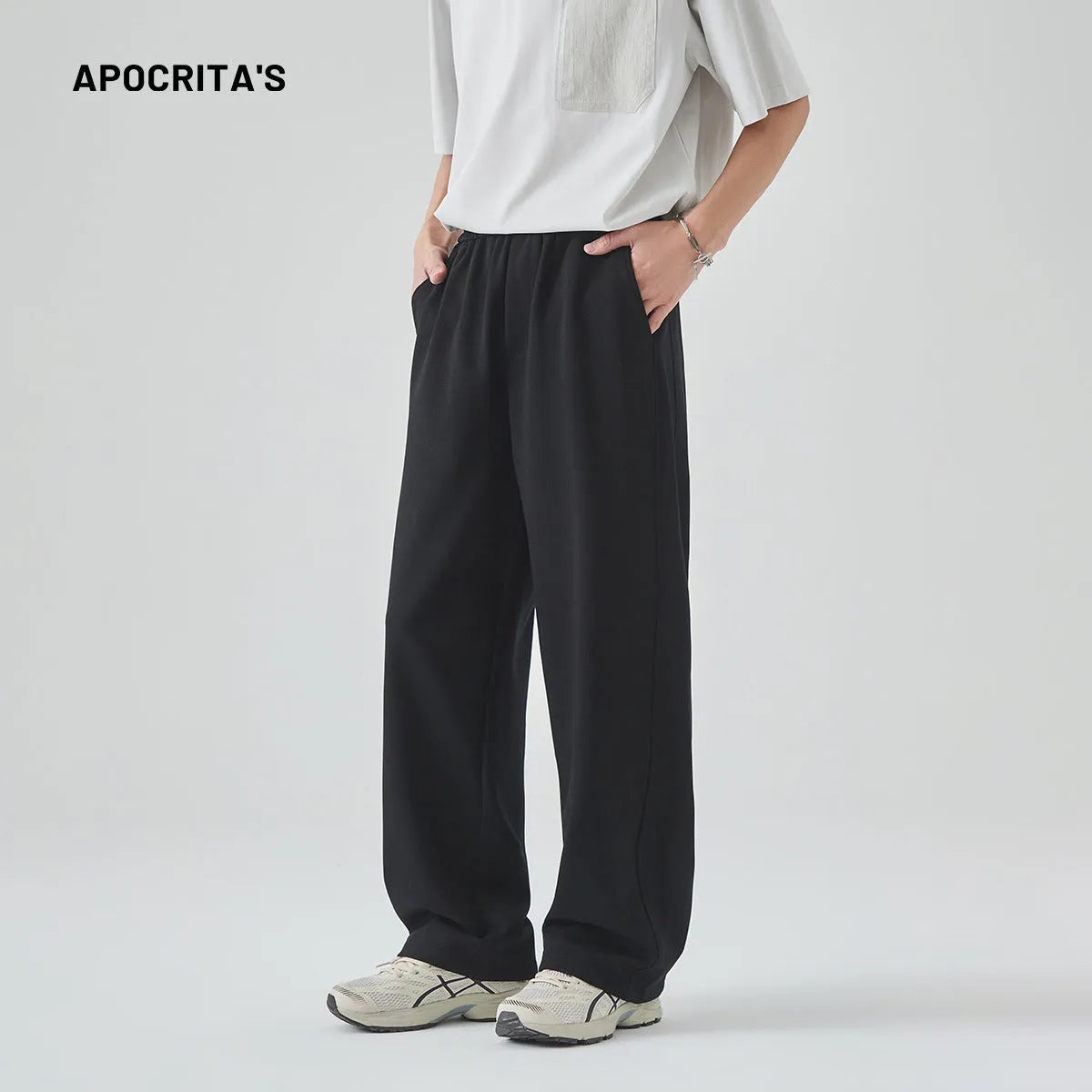 Men's cotton blend straight leg trousers in Paris grey colour showing high waist design with lace-up closure