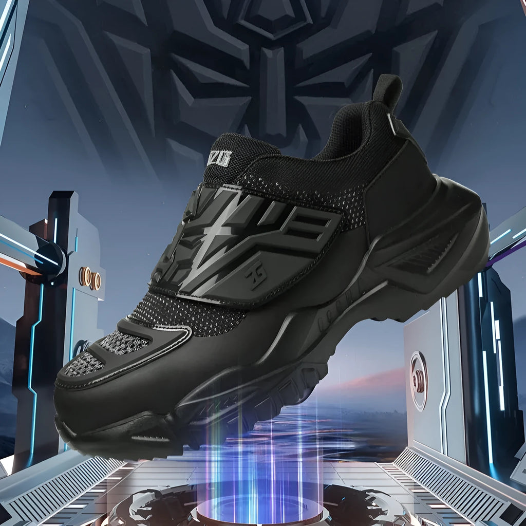 Black mens safety work shoes with steel toe cap and felt buckle closure