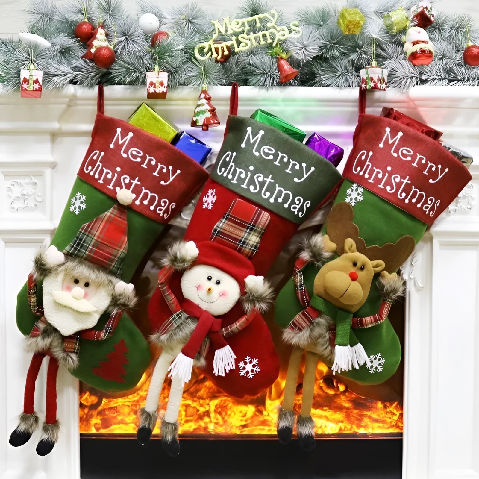 Three large Christmas stockings with 3D Santa, Snowman, and Reindeer designs hanging from loops