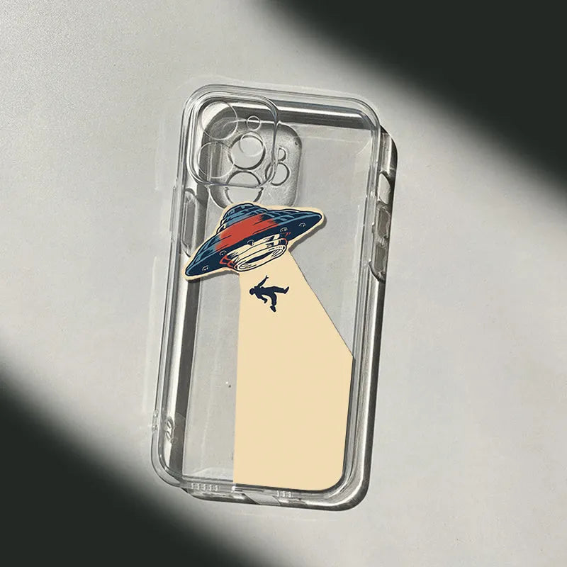 UFO astronaut transparent soft TPU phone case for Apple iPhone, all-wrapped anti-fall cover with clear astronaut design