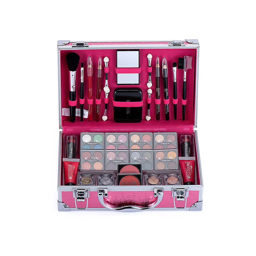 Creative colourful cosmetics set in Pink or Silver, 25 x 16 x 8.5 cm, with lipstick, eye shadow, mascara and brush