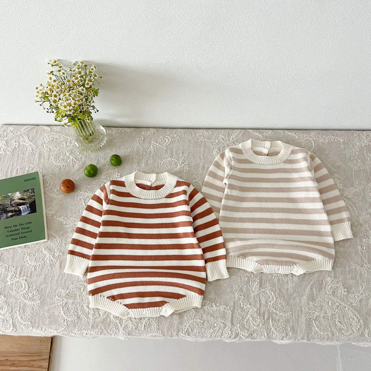 Cotton baby romper long sleeve triangle jumpsuit in grey or coffee stripes, sizes 66cm to 100cm