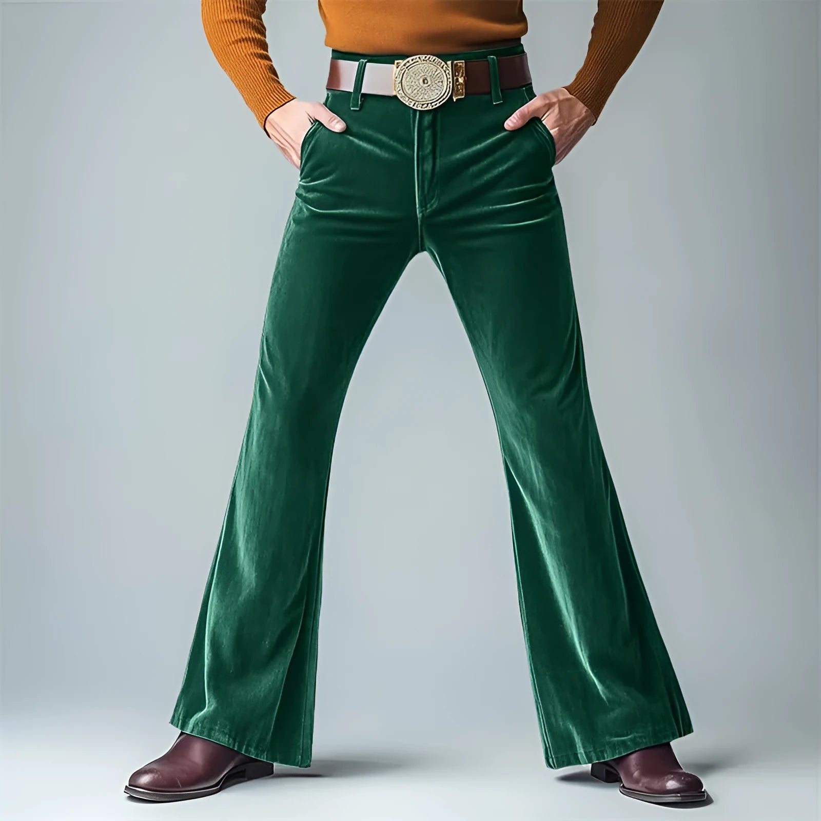 Men's gold velvet slim flared suit trousers in dark red colour