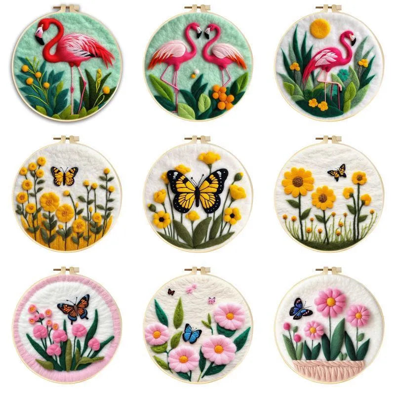 Round linen embroidery frame with wool felt floral decoration kit for three-dimensional wall art