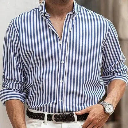 Men's striped casual button shirt with loose fit and long sleeves in polyester fabric