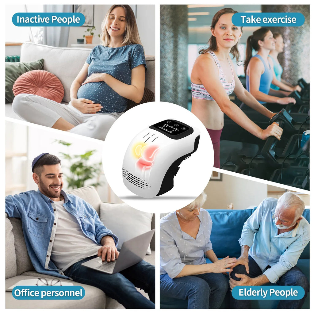 White rechargeable knee massager with infrared laser heating and intelligent kneading functions