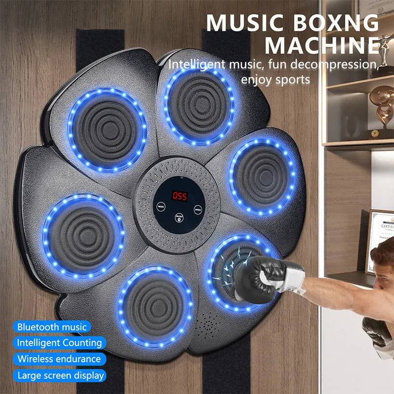 Black plastic smart boxing wall target with LED lights and a half-finger boxing glove.