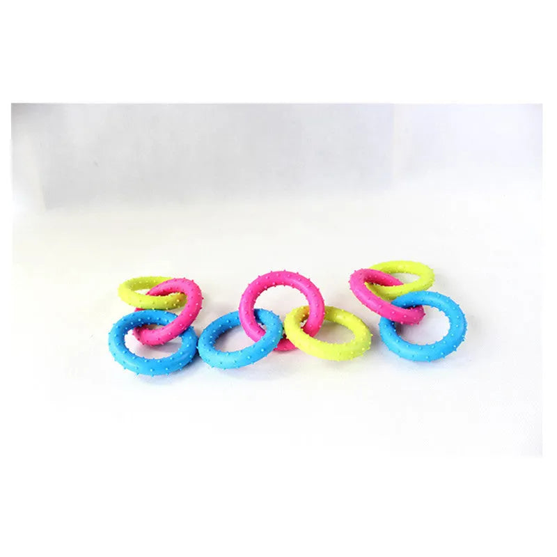 TPR plastic three-chain dog molar chew toy with raised cleaning nubs, shown in a random colour.
