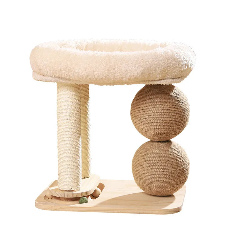Solid pine cat nest with a round plush bed and two sisal-wrapped scratching balls on wooden columns