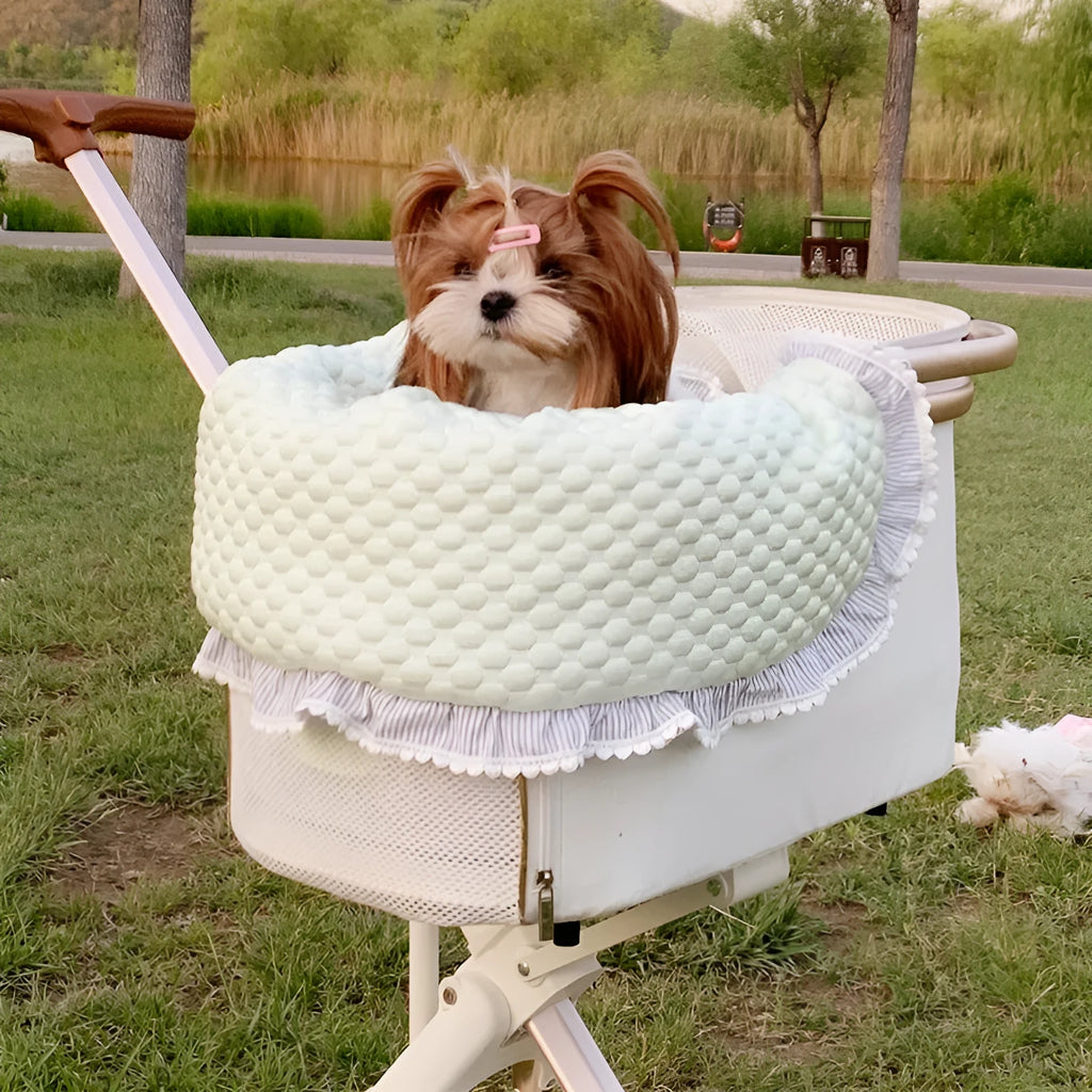 Pure cotton pet stroller three-piece set showing removable anti-dirty towel, cushion, and pillow in a floral pattern.