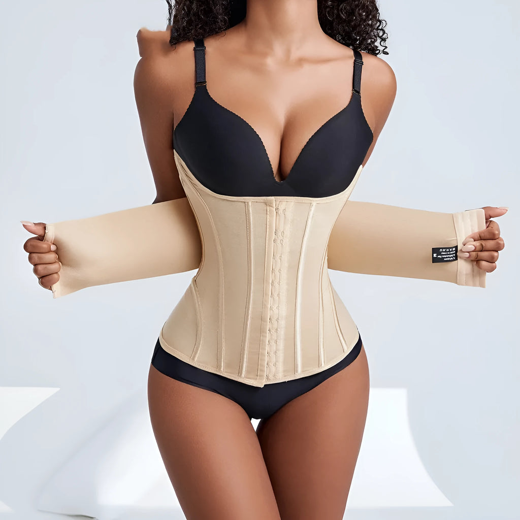Nylon belly band waist training belt shown in black and apricot colours with a belt tie.