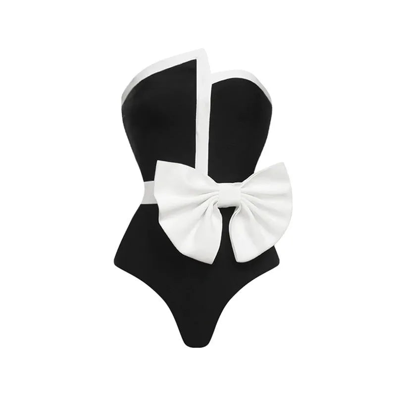 Black and white colour-blocking women's swimsuit with bow detail and irregular tube top