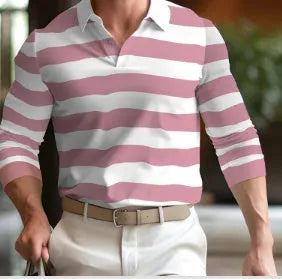 Men's loose fit long sleeve polo shirt in dark colour with button-up front and pullover design