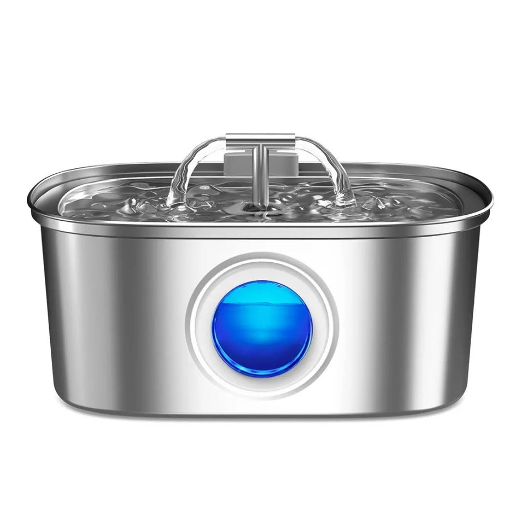 Stainless steel pet water dispenser with round basin and window faucet for dogs and cats.