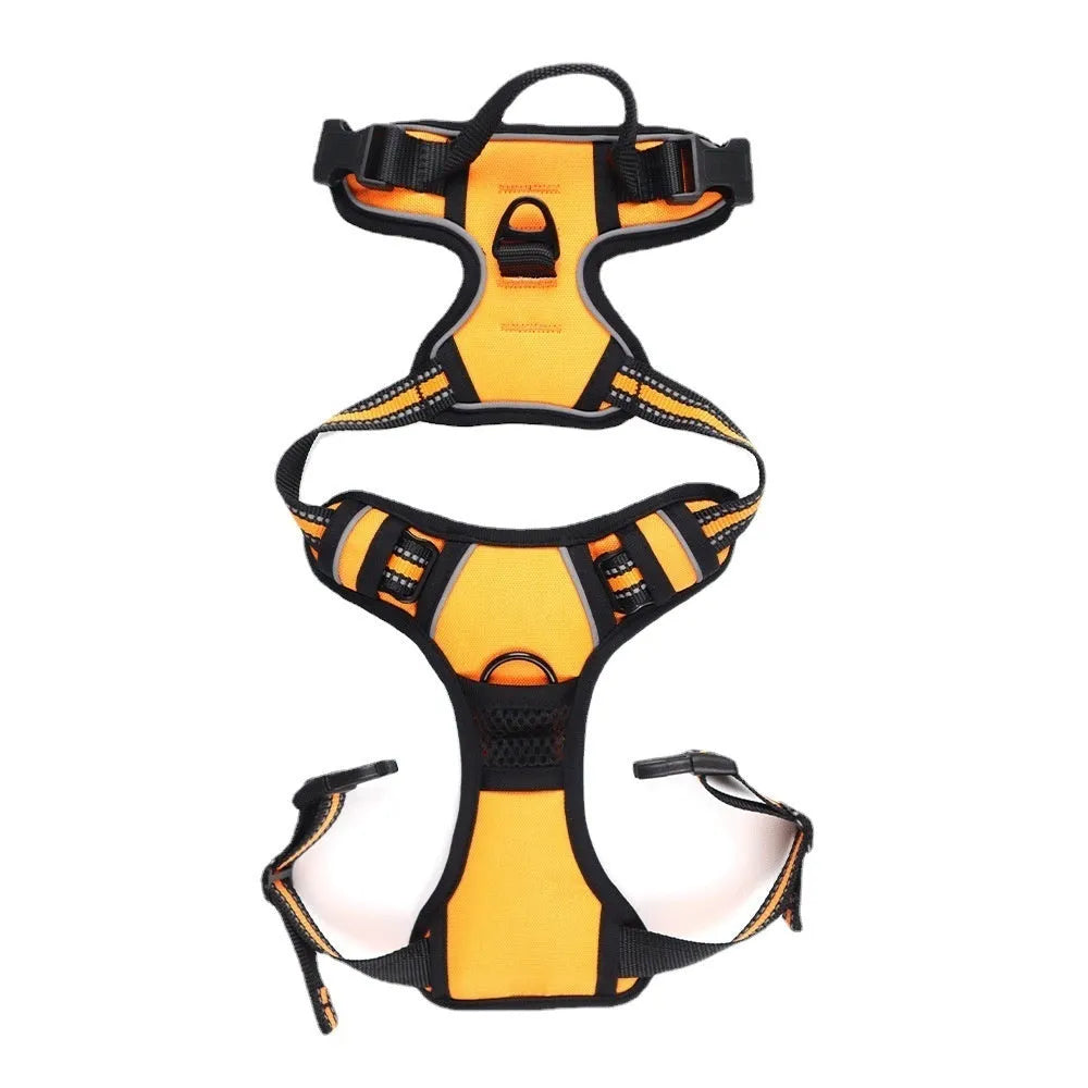 Adjustable dog chest harness in Oxford cloth, shown in multiple colours including red, blue, and black.
