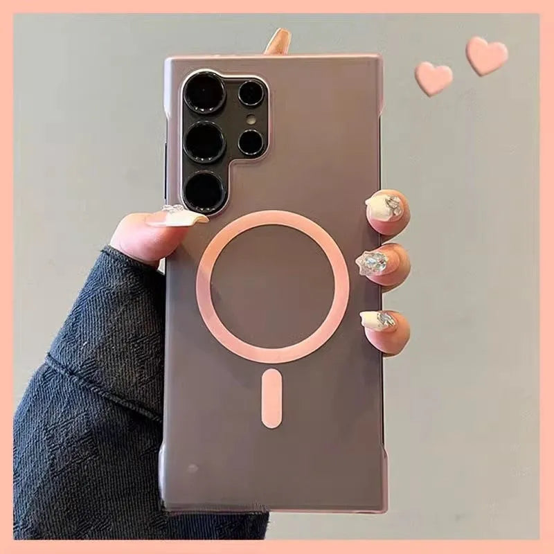 Frameless frosted PC magnetic phone case for Samsung S22 to S25 Ultra in desert gold, titanium gray, cool black and transparent white