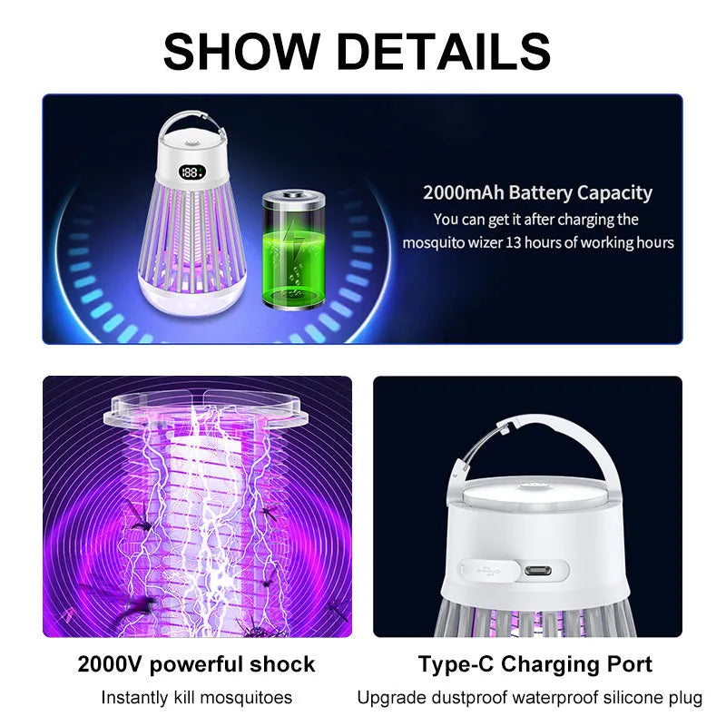Digital display mosquito killer lamp with electric shock grid, white colour, on a tabletop with USB cable