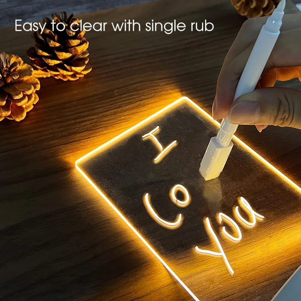 Acrylic message board night lamp with warm light showing round base and multiple picture shape options