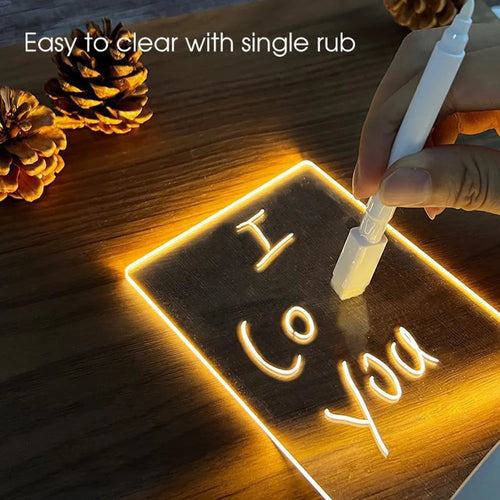 Acrylic message board night lamp with warm light showing round base and multiple picture shape options
