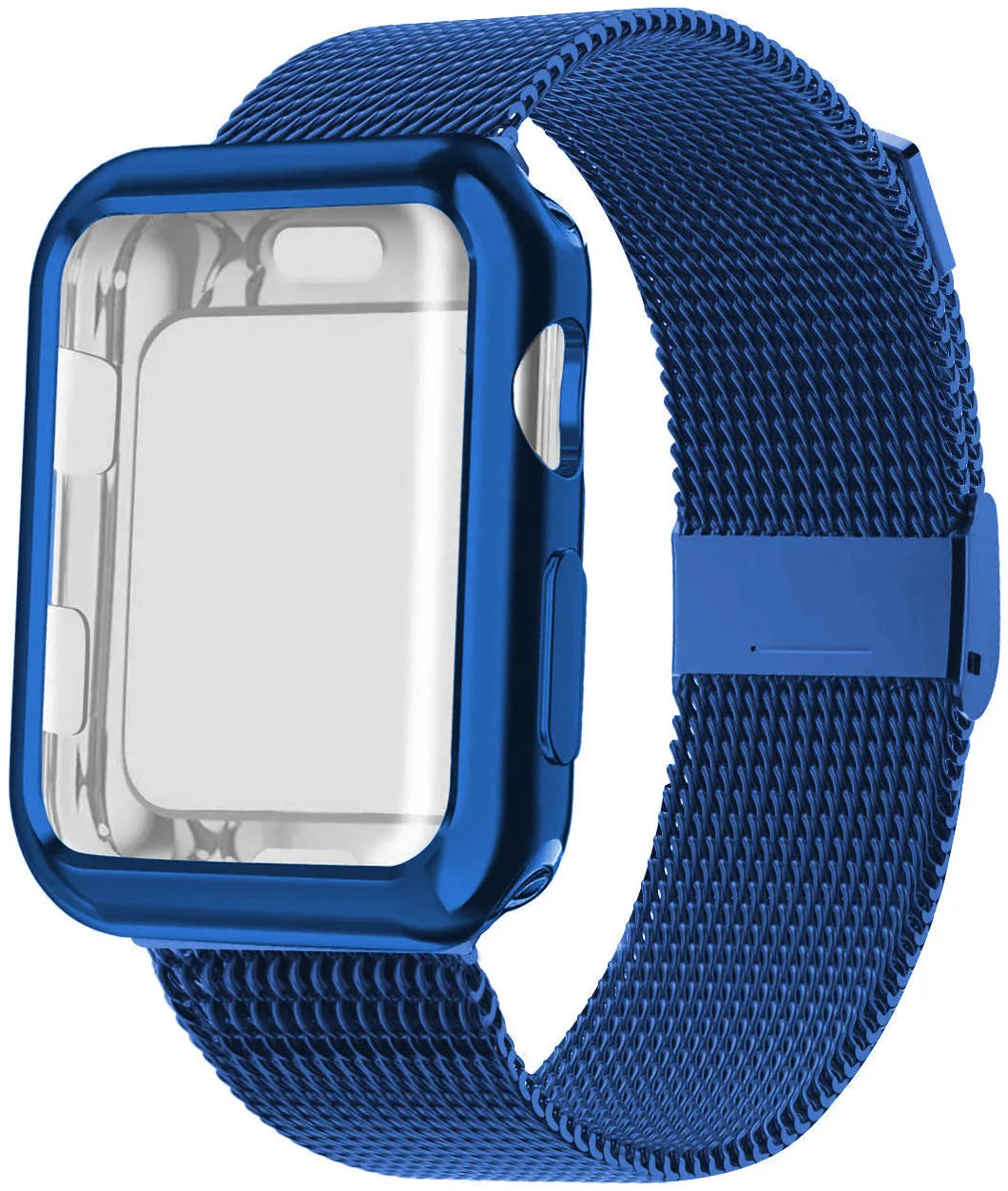 Silver magnetic Milanese loop strap attached to an Apple Watch on a wrist, showing the adjustable magnetic clasp.