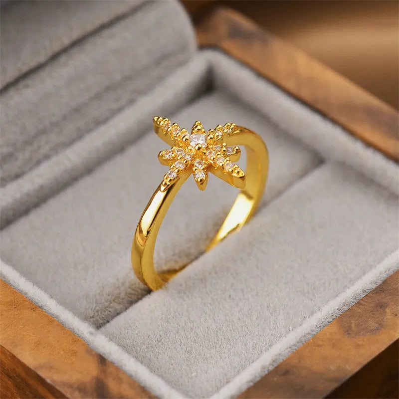 Gold geometric openwork women's ring made from electroplated copper, showing intricate cut-out details.