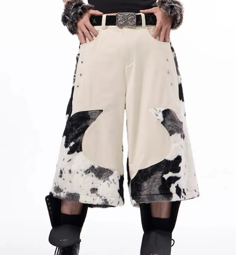 Milk fibre cropped trousers with stitching detail and fur trim in youthful trendy style