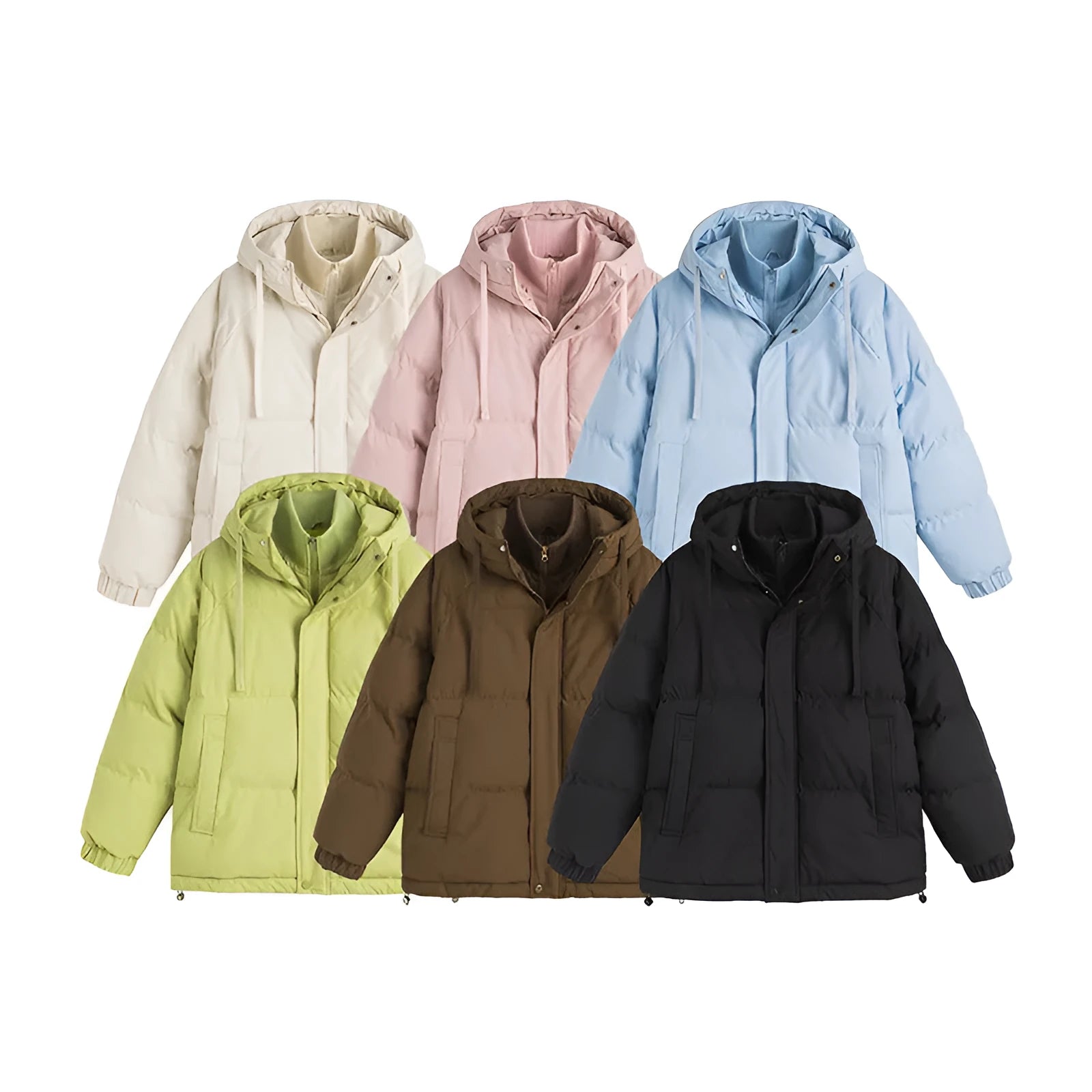 A loose, longline beige cotton-padded winter coat for men and women with side seam pockets.