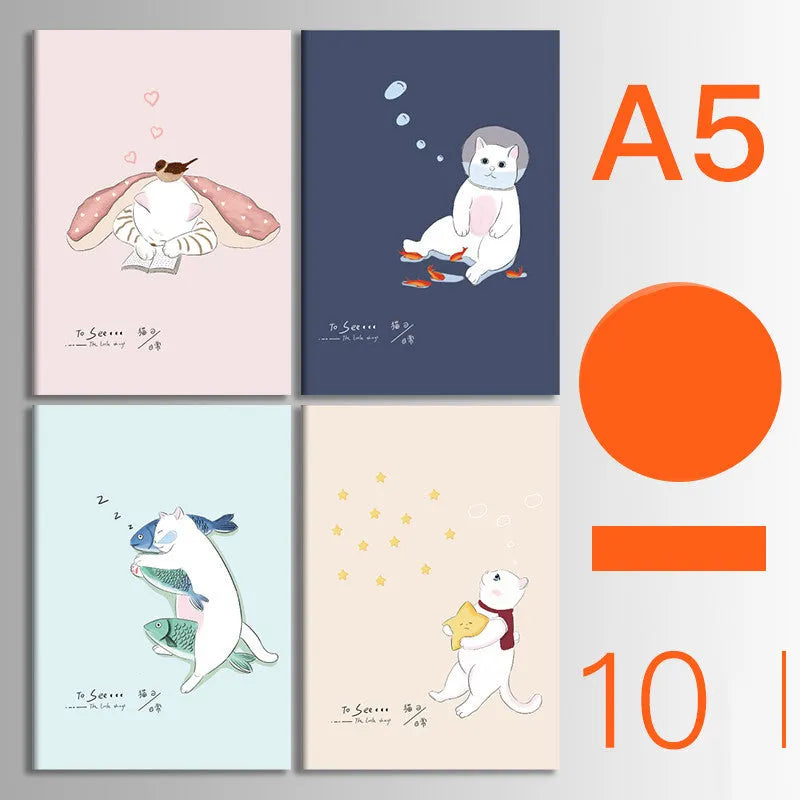 Set of 10 kraft paper notebooks with various hand-painted covers, shown open to display thread binding.