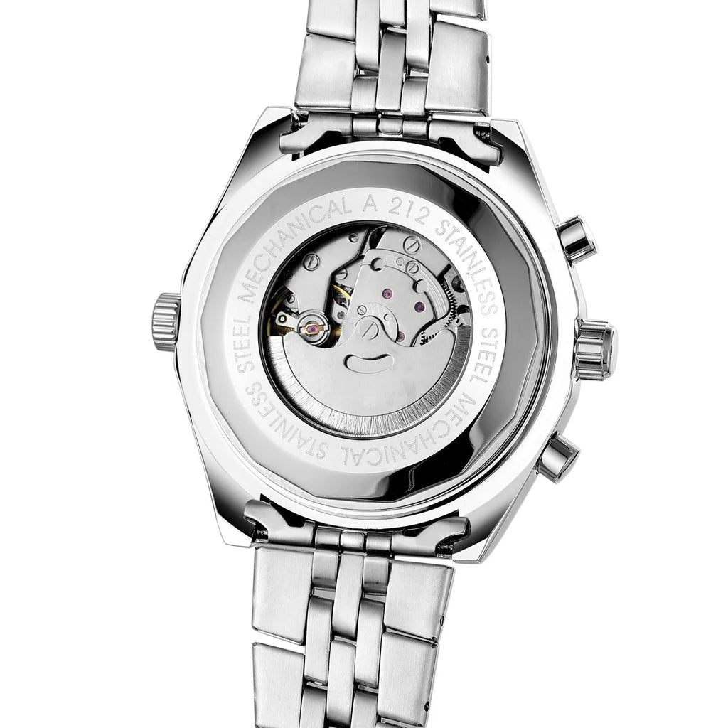 Men's automatic mechanical watch with double calendar, 48mm round steel case, alloy strap, pointer display