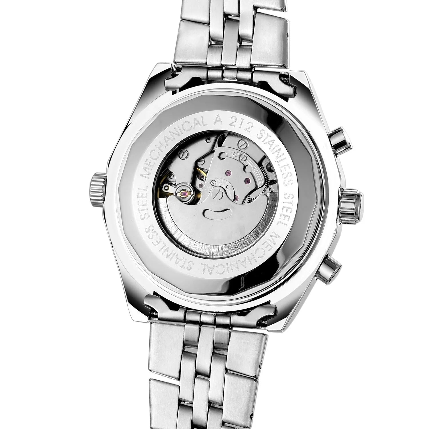 Men's automatic mechanical watch with double calendar, 48mm round steel case, alloy strap, pointer display