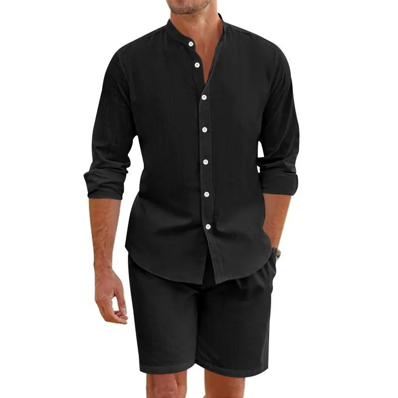 Men's dark grey hemp-blend short sleeve button-down shirt and matching drawstring shorts on a hanger.